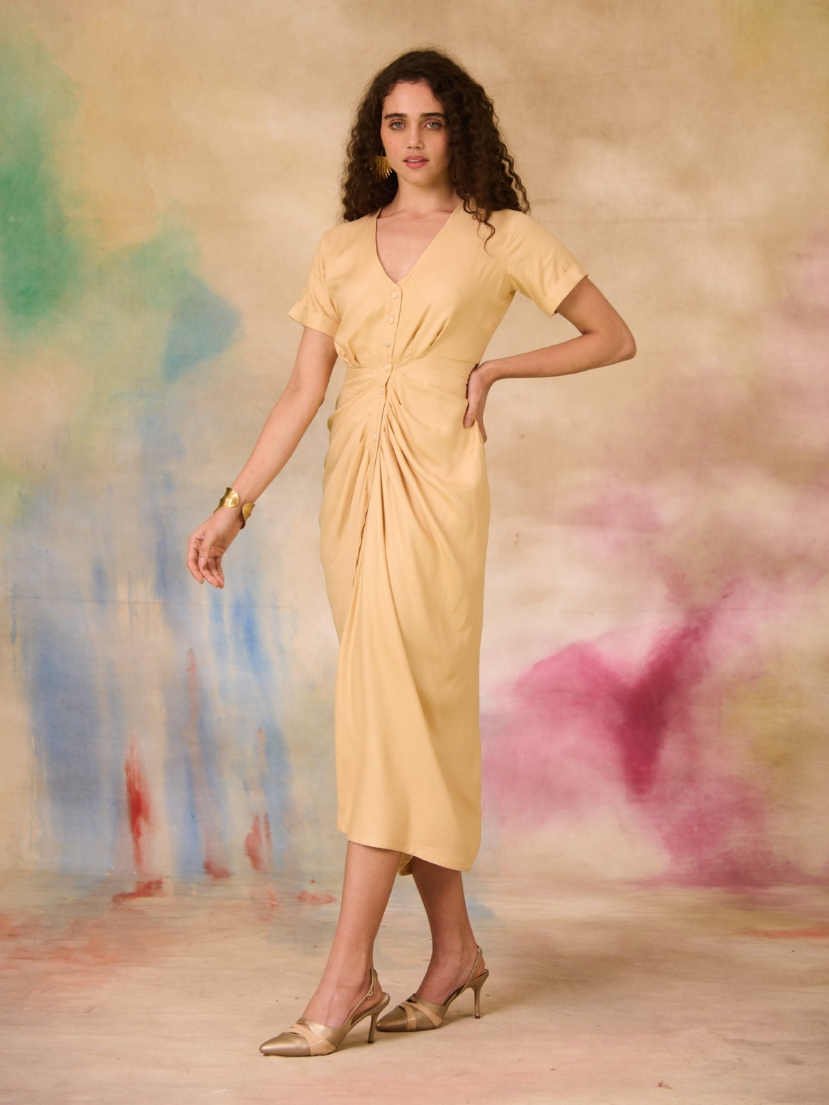 Beige Maxi Ruched Shirt Dress with Tieup