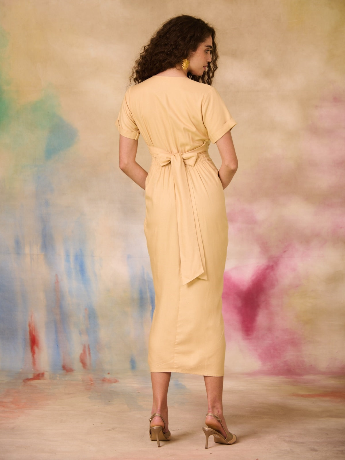 Beige Maxi Ruched Shirt Dress with Tieup